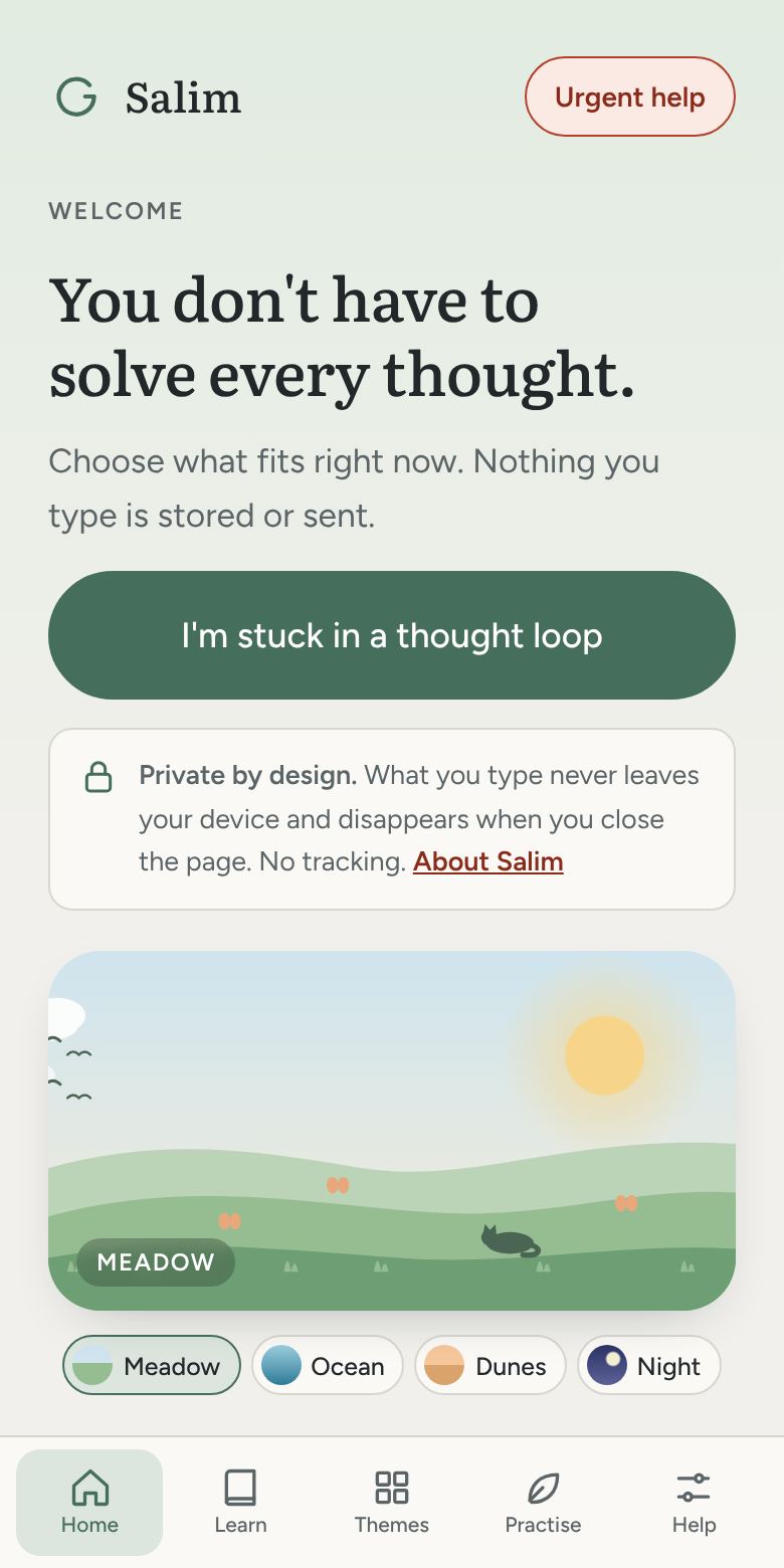 Salim’s home screen: a calm meadow scene and a button that says “I’m stuck in a thought loop”.
